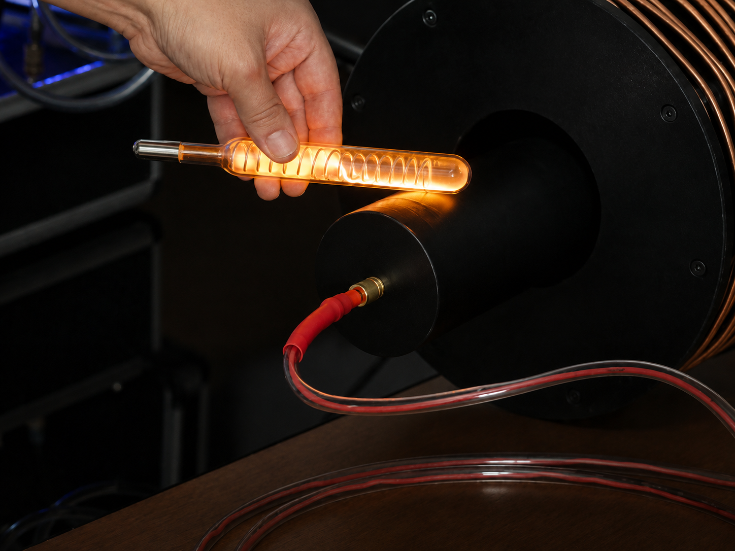 Tubo de plasma encendido junto a la bobina de la máquina escalar